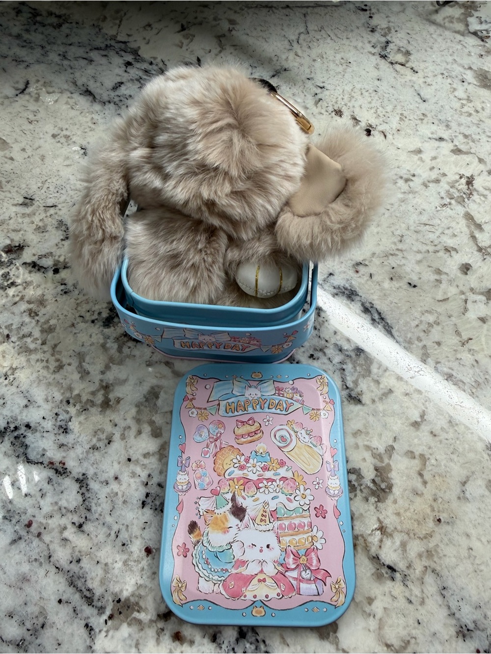 Bunny Lulu Blue 'Happy Day' Kids Tin Case with Beige Faux Fur Pom Pom